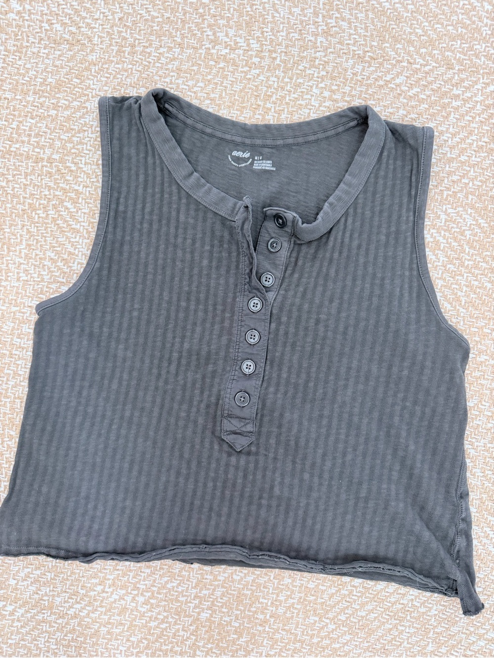 aerie Charcoal Ribbed Button Boxy Tank